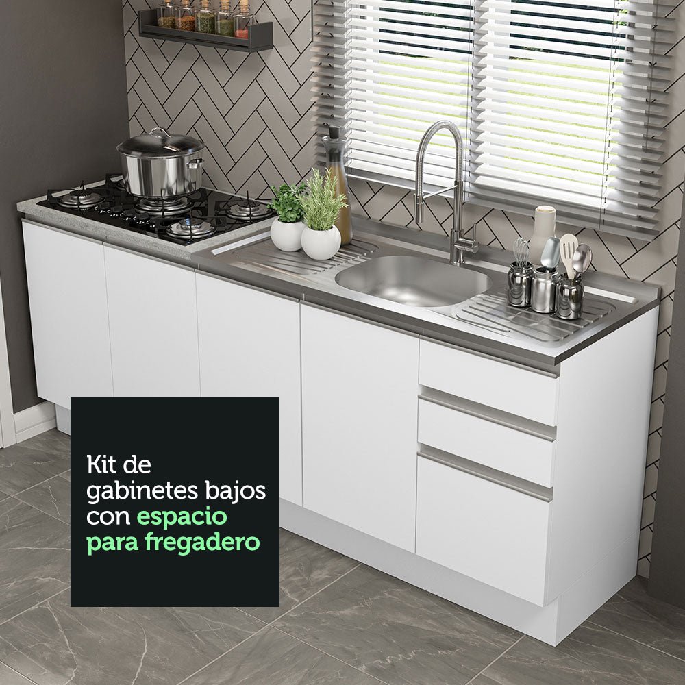Cocina Integral Glamy Blanco 200x225cm con Mesón de Acero Inoxidable con Cuatro Entrepaños y sin Estufa - COCINAS | Bylmo
