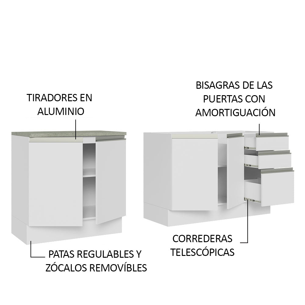 Cocina Integral Glamy Blanco 200x225cm con Mesón de Acero Inoxidable con Cuatro Entrepaños y sin Estufa - COCINAS | Bylmo