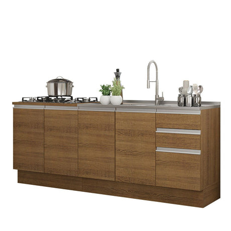 Cocina Integral Glamy Marron 200x225cm con Mesón de Acero Inoxidable con Cuatro Entrepaños y sin Estufa - COCINAS | Bylmo
