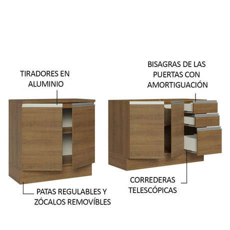 Cocina Integral Glamy Marron 200x225cm con Mesón de Acero Inoxidable con Cuatro Entrepaños y sin Estufa - COCINAS | Bylmo