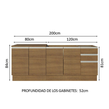 Cocina Integral Glamy Marron 200x225cm con Mesón de Acero Inoxidable con Cuatro Entrepaños y sin Estufa - COCINAS | Bylmo
