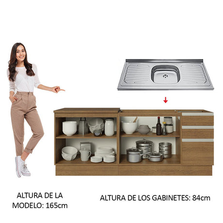 Cocina Integral Glamy Marron 200x225cm con Mesón de Acero Inoxidable con Cuatro Entrepaños y sin Estufa - COCINAS | Bylmo