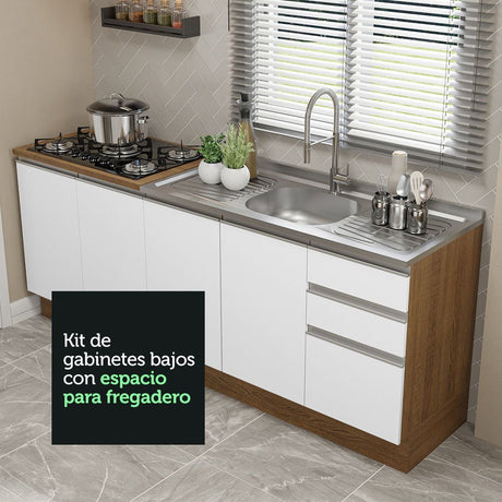 Cocina Integral Glamy Blanco 200x225cm con Mesón de Acero Inoxidable y sin Estufa - COCINAS | Bylmo