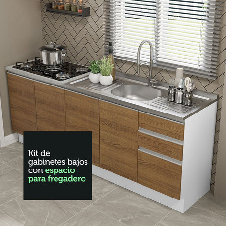Cocina Integral Glamy Marron 200x225cm con Mesón de Acero Inoxidable y sin Estufa - COCINAS | Bylmo