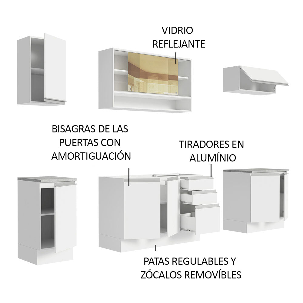 Cocina Integral Glamy Blanco 240x225cm con Mesón de Acero Inoxidable y sin Estufa - COCINAS | Bylmo
