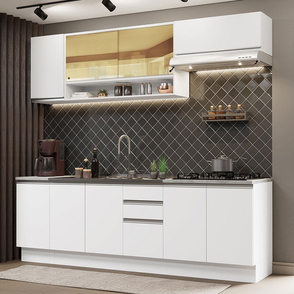 Cocina Integral Glamy Blanco 240x225cm con Mesón de Acero Inoxidable y sin Estufa - COCINAS | Bylmo