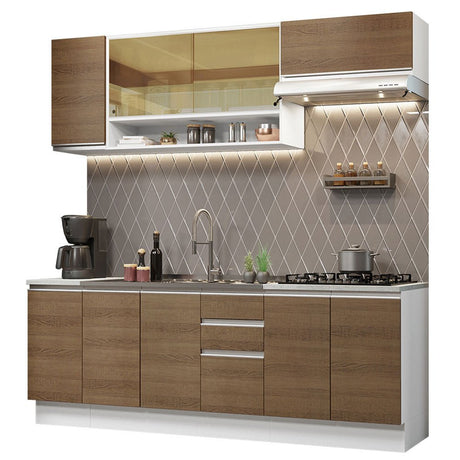 Cocina Integral Glamy Marron 240x225cm con Mesón de Acero Inoxidable y sin Estufa - COCINAS | Bylmo