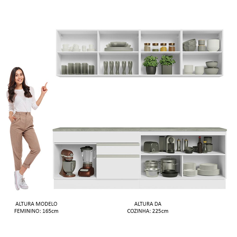 Cocina Integral Glamy Blanco 240x225cm con Mesón de Madera y sin Estufa - COCINAS | Bylmo