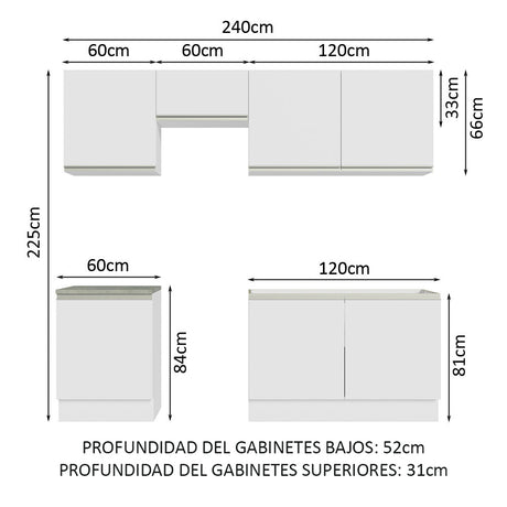 Cocina Integral Glamy Blanco 240x225cm sin Mesón con Siete Puertas y sin Estufa - COCINAS | Bylmo
