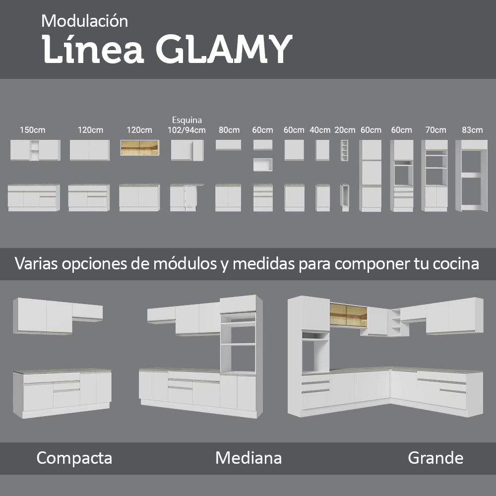 Cocina Integral Glamy Blanco 240x225cm sin Mesón con Siete Puertas y sin Estufa - COCINAS | Bylmo