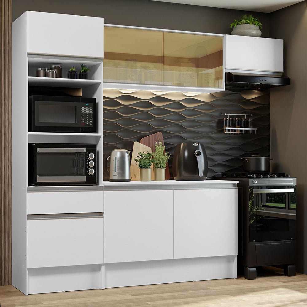 Cocina Integral Diamante Blanco 240x210cm con Mesón de Madera con Once Entrepaños y sin Estufa - COCINAS | Bylmo