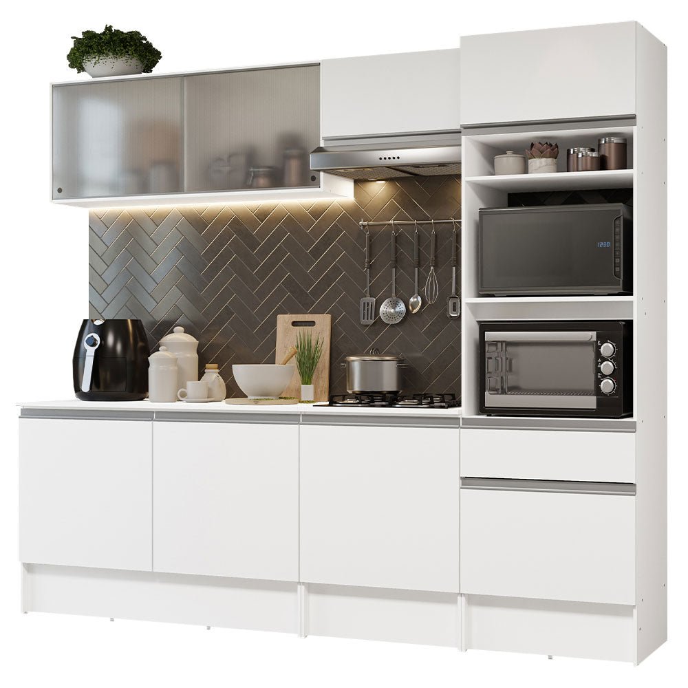 Cocina Integral Topazio Blanco 240x210cm con Mesón de Madera y sin Estufa - COCINAS | Bylmo