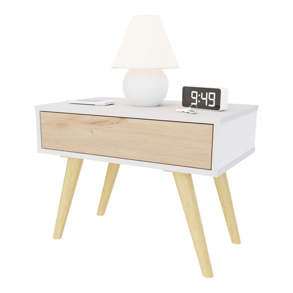 Mesa de Noche y de Centro Rigo Duna y Blanco 60x45cm con Patas y Un Cajón - MESAS DE NOCHE | Bylmo