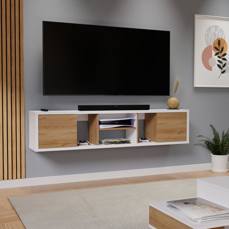Mesa para TV Flotante Zafiro Blanco y Duna 160x35cm con Dos Cajones y para TV Hasta 65 Pulgadas - MUEBLES DE TV | Bylmo