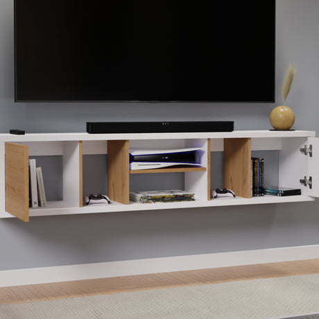 Mesa para TV Flotante Zafiro Blanco y Duna 160x35cm con Dos Cajones y para TV Hasta 65 Pulgadas - MUEBLES DE TV | Bylmo