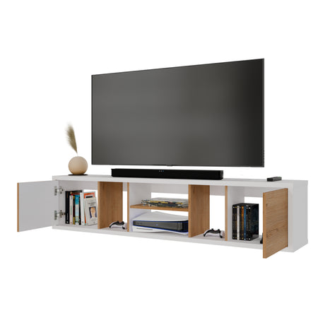 Mesa para TV Flotante Zafiro Blanco y Duna 160x35cm con Dos Cajones y para TV Hasta 65 Pulgadas - MUEBLES DE TV | Bylmo