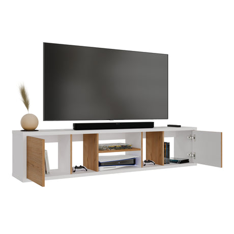 Mesa para TV Flotante Zafiro Blanco y Duna 160x35cm con Dos Cajones y para TV Hasta 65 Pulgadas - MUEBLES DE TV | Bylmo