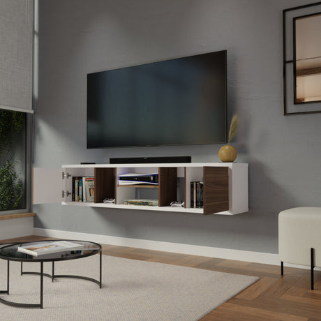 Mesa para TV Flotante Zafiro Blanco y Gales 160x35cm con Dos Cajones y para TV Hasta 65 Pulgadas - MUEBLES DE TV | Bylmo