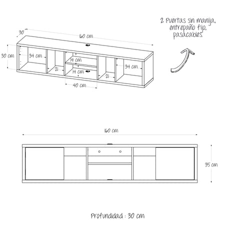 Mesa para TV Flotante Zafiro Blanco y Niebla 160x35cm con Dos Cajones y para TV Hasta 65 Pulgadas - MUEBLES DE TV | Bylmo