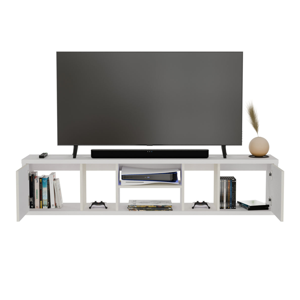 Mesa para TV Flotante Zafiro Blanco y Niebla 160x35cm con Dos Cajones y para TV Hasta 65 Pulgadas - MUEBLES DE TV | Bylmo
