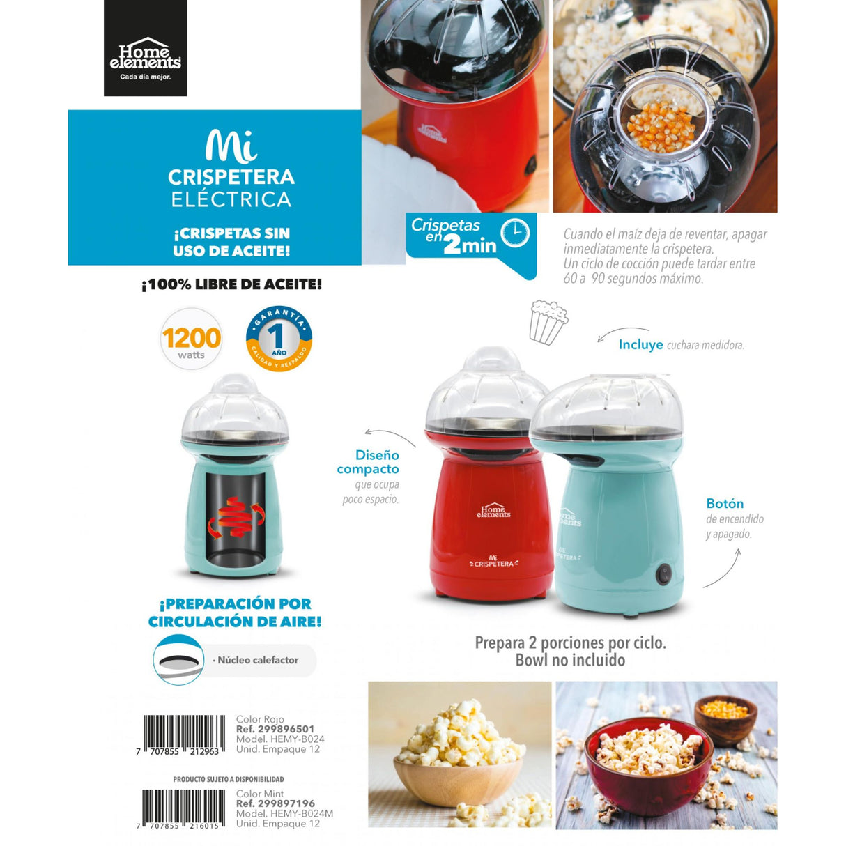 Crispetera Rojo 15X26cm De 1 Litro y Cocción con Aire Caliente - CRISPETERAS | Bylmo