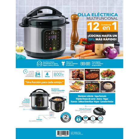 Olla Multifuncional Plateado y Negro 28.8x31.6cm de 4 Litros con Doce Funciones preconfiguradas - OLLAS MULTIFUNCIONALES | Bylmo