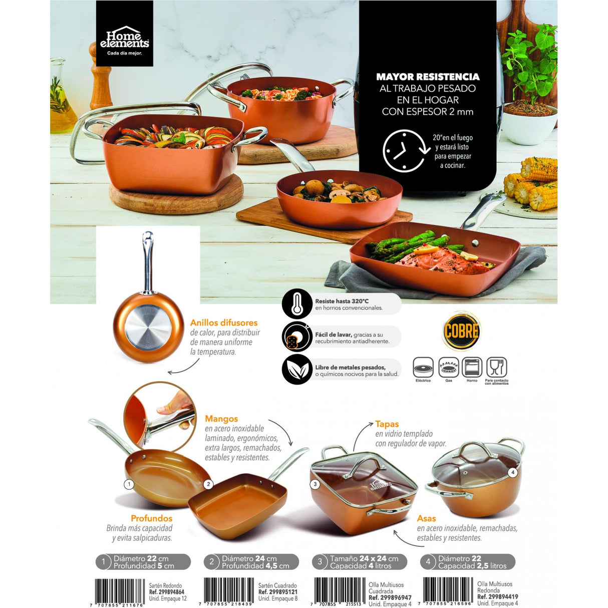 Olla Alta Cobre 23x15cm De 2.5 Litros Apta para Inducción con Mango de Acero Inoxidable - OLLAS Y SARTENES | Bylmo