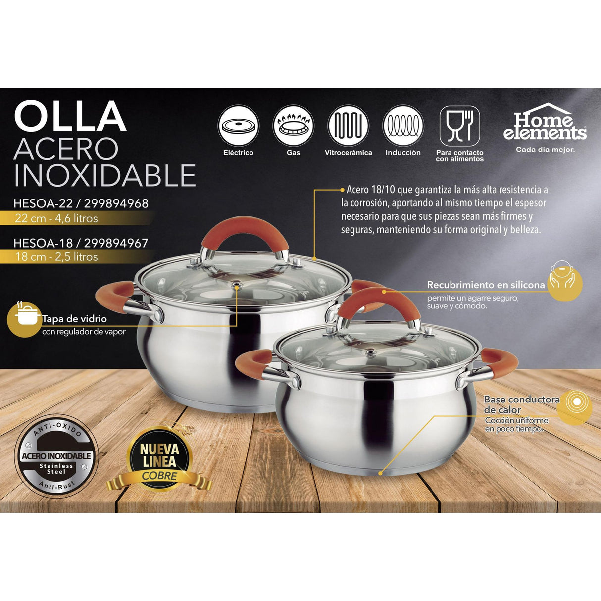 Olla Alta Plateado y Cobre 23.5x20cm De 4.6 Litros Apta para Inducción con Mango de Silicona - OLLAS Y SARTENES | Bylmo