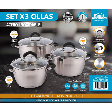 Set x 3 Ollas Plateado y Negro 19.5x17.5cm De 5.3 Litros Apta para Inducción con Mango de Silicona - OLLAS Y SARTENES | Bylmo