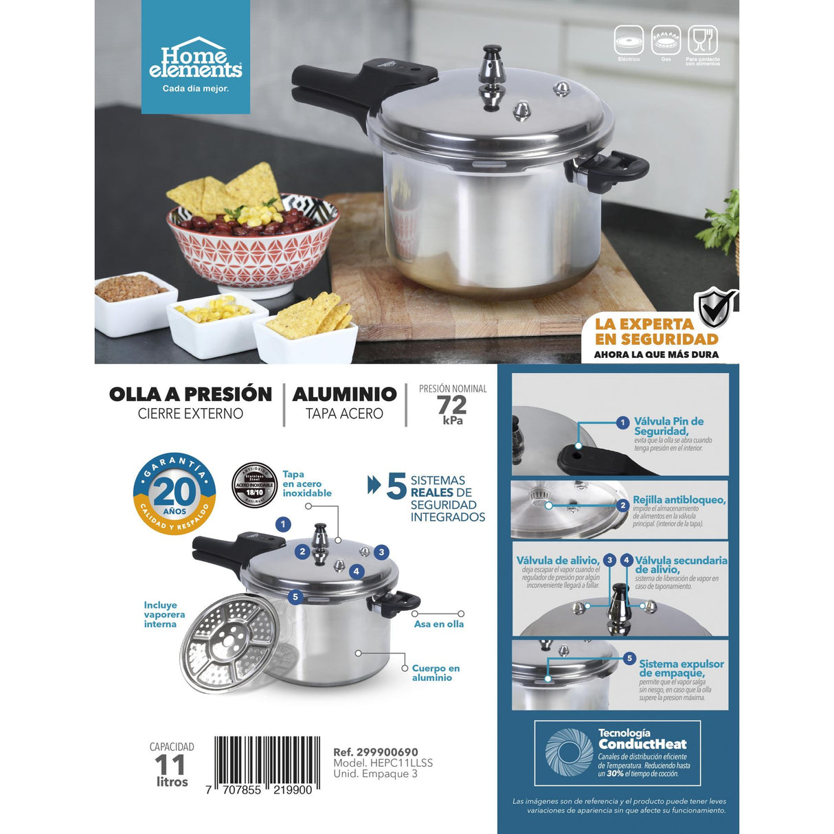 Olla de Presión Plateado y Negro 30.4x26.5cm De 11 Litros Apta para Inducción con Mango de Baquelita - OLLAS Y SARTENES | Bylmo