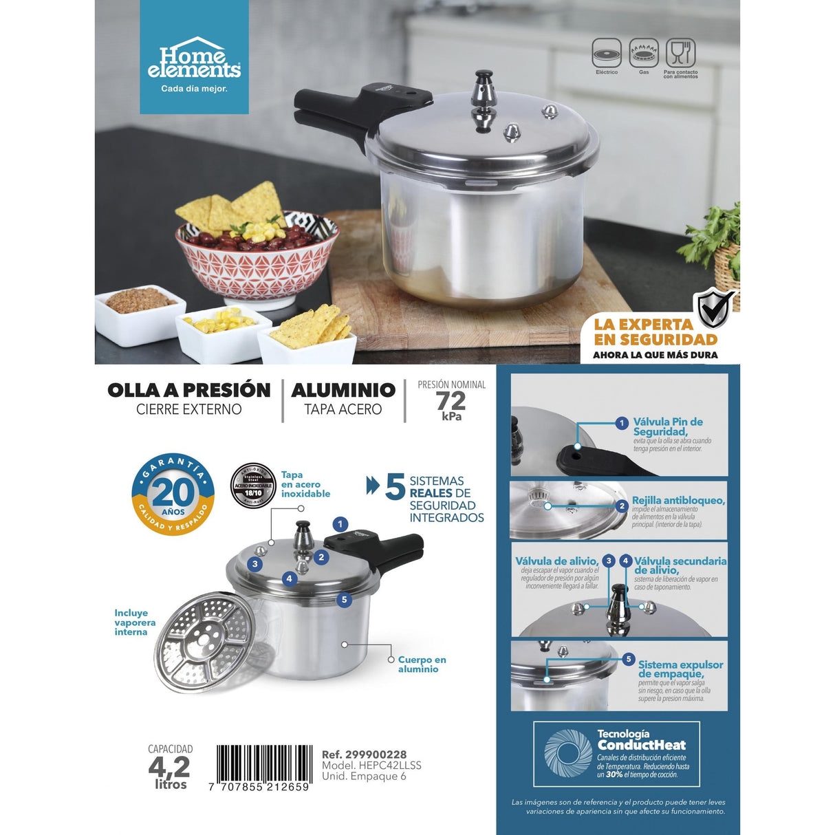 Olla de Presión Plateado y Negro 22.6x22cm De 4.2 Litros Apta para Inducción con Mango de Baquelita - OLLAS Y SARTENES | Bylmo