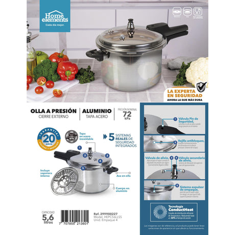 Olla de Presión Plateado y Negro 25x21.6cm De 5.6 Litros Apta para Inducción con Mango de Baquelita - OLLAS Y SARTENES | Bylmo