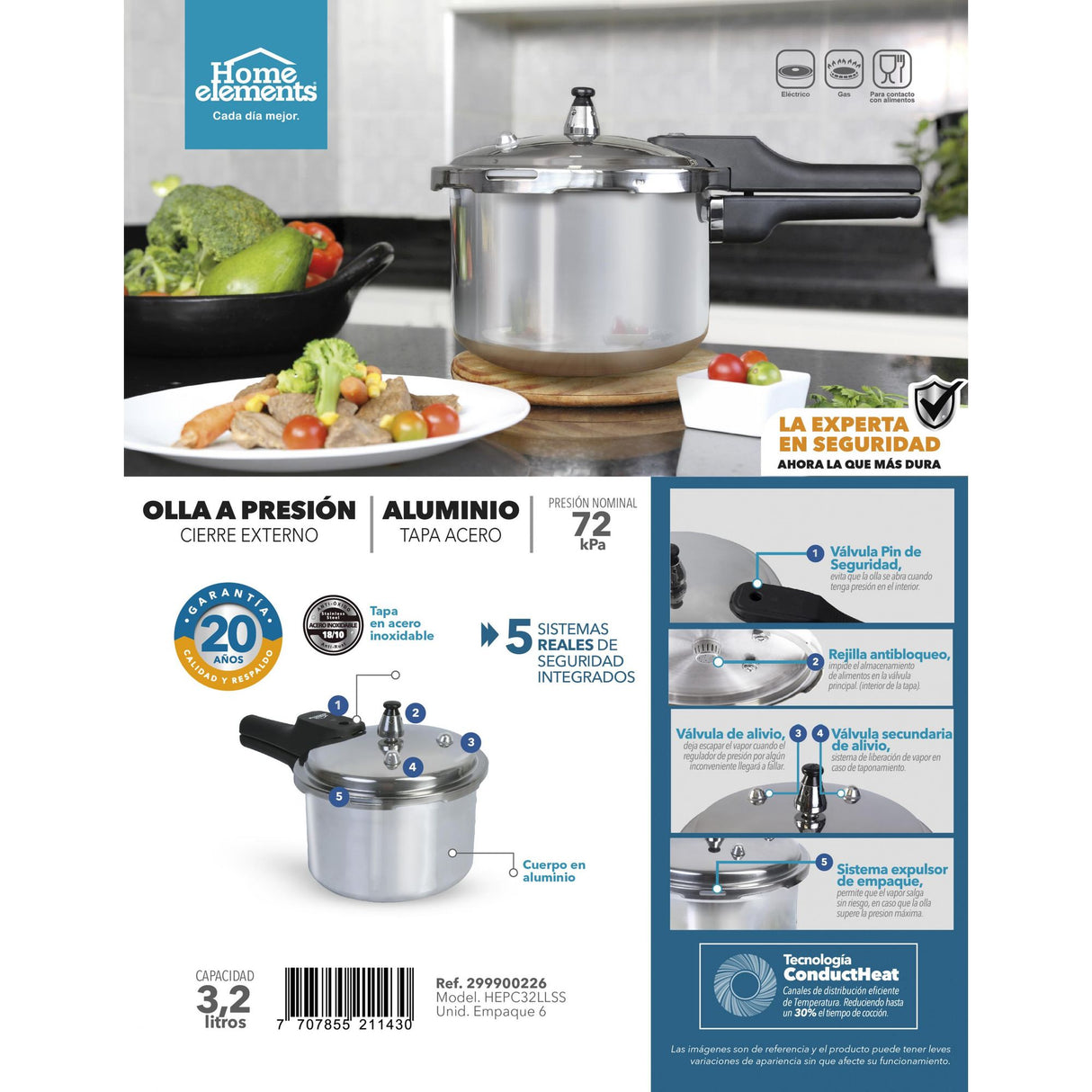 Olla de Presión Plateado y Negro 20.5x20.5cm De 3.2 Litros Apta para Inducción con Mango de Baquelita - OLLAS Y SARTENES | Bylmo