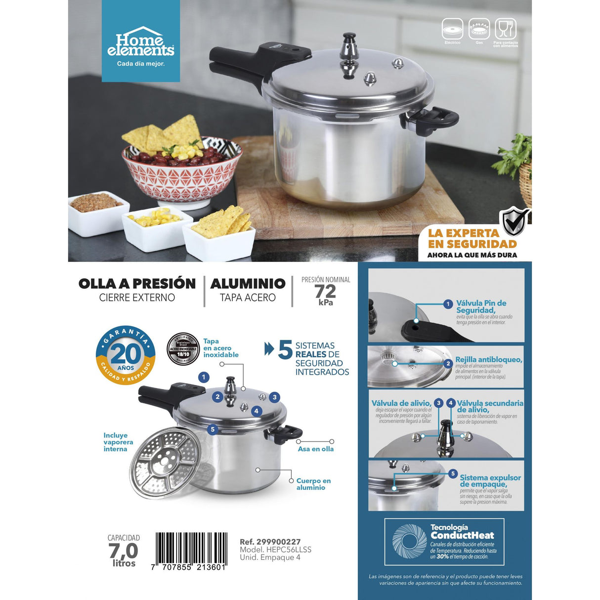 Olla de Presión Plateado y Negro 27.2x24.3cm De 7 Litros Apta para Inducción con Mango de Baquelita - OLLAS Y SARTENES | Bylmo