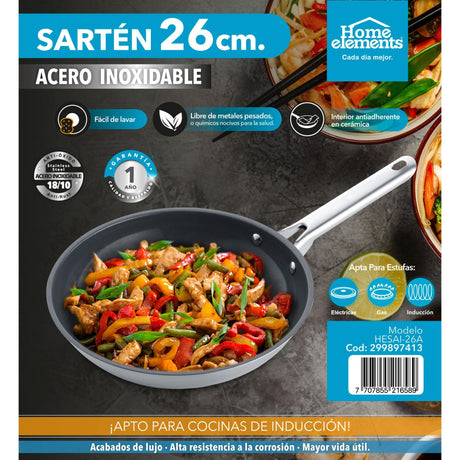Sarten Plateado y Negro 27.3x5.5cm De 0.7 Litros Apta para Inducción con Mango de Acero Inoxidable - OLLAS Y SARTENES | Bylmo