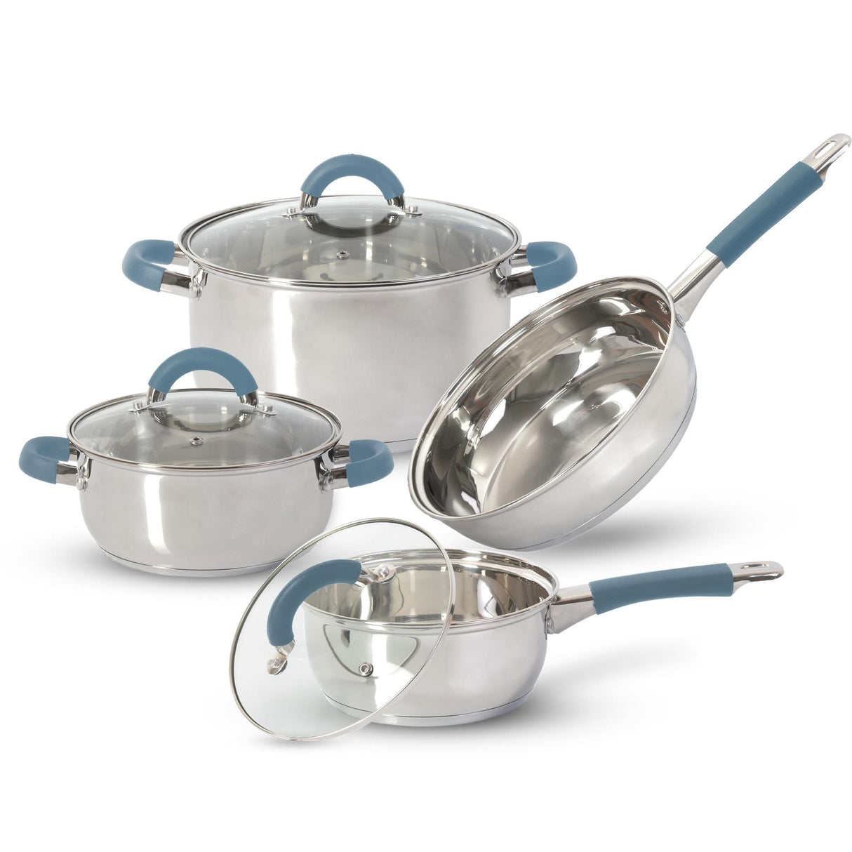 Batería de Cocina Siete Piezas Plateado y Azul 24x6.2cm De 3.5 Litros Apta para Inducción con Mango de Silicona - OLLAS Y SARTENES | Bylmo