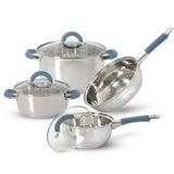 Batería de Cocina Siete Piezas Plateado y Azul 24x6.2cm De 3.5 Litros Apta para Inducción con Mango de Silicona - OLLAS Y SARTENES | Bylmo