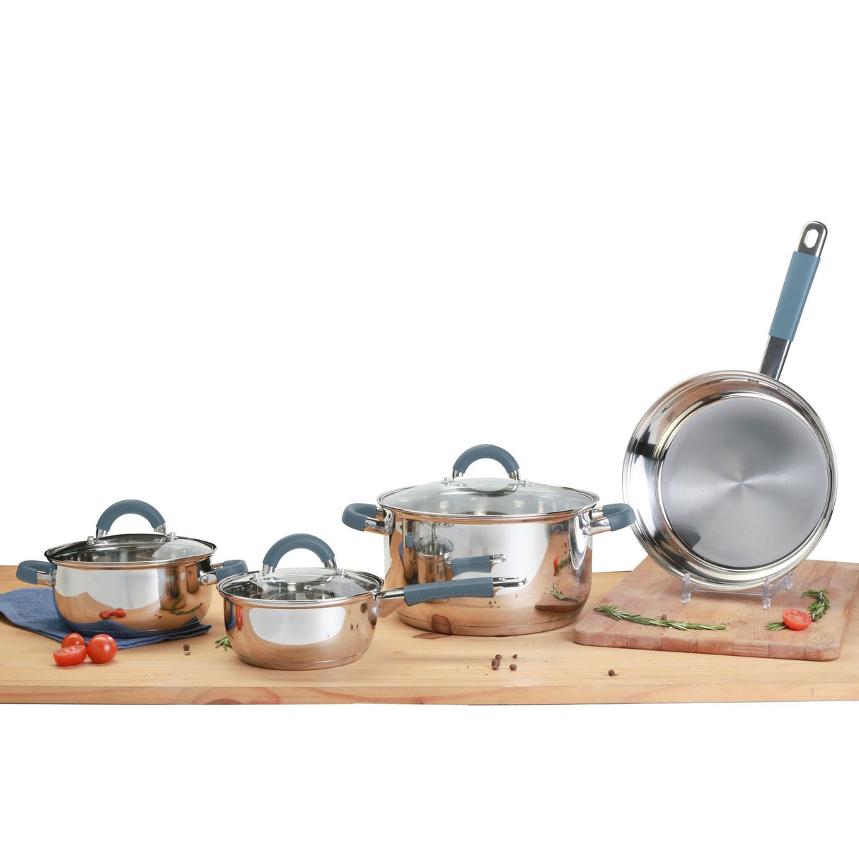 Batería de Cocina Siete Piezas Plateado y Azul 24x6.2cm De 3.5 Litros Apta para Inducción con Mango de Silicona - OLLAS Y SARTENES | Bylmo