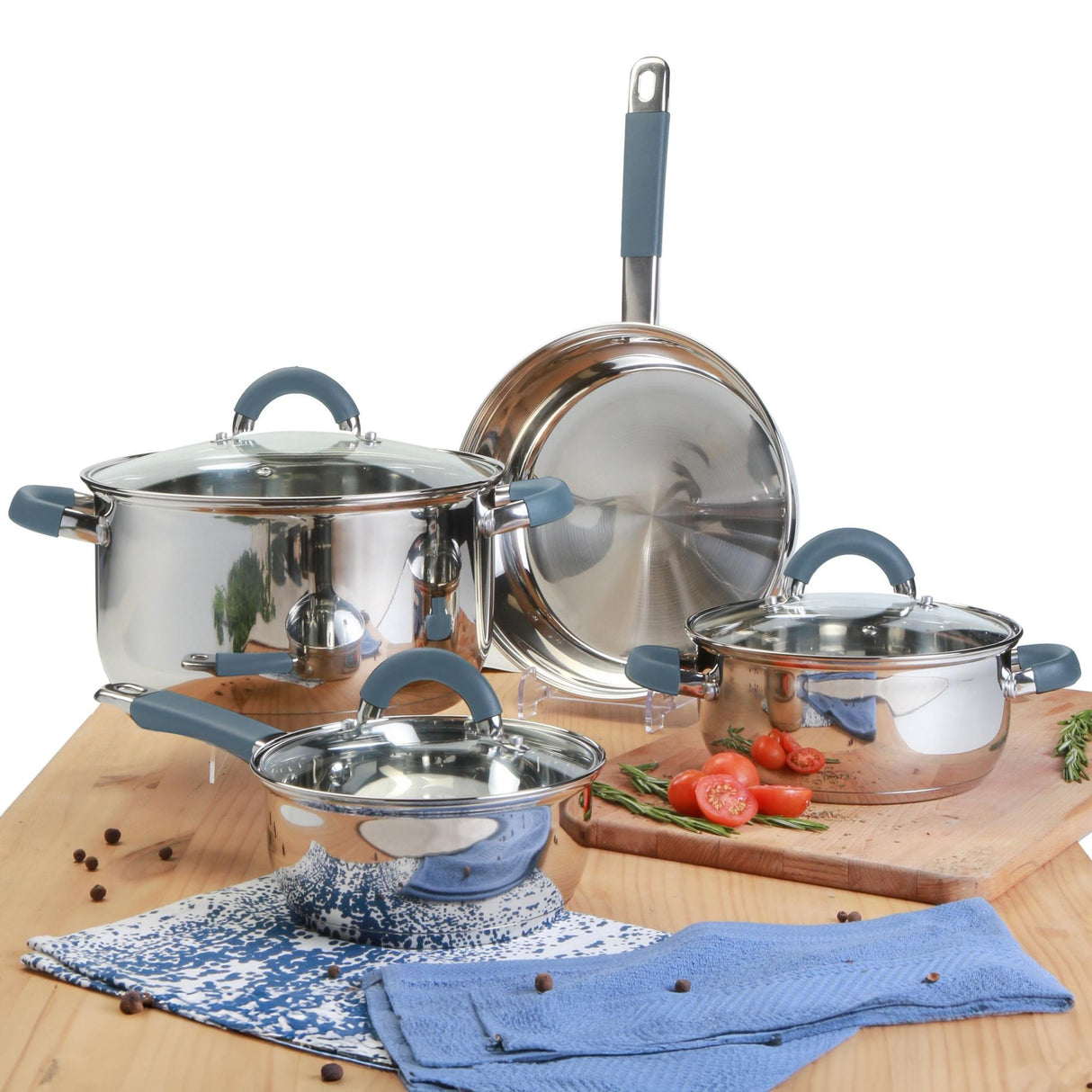 Batería de Cocina Siete Piezas Plateado y Azul 24x6.2cm De 3.5 Litros Apta para Inducción con Mango de Silicona - OLLAS Y SARTENES | Bylmo