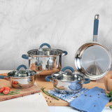 Batería de Cocina Siete Piezas Plateado y Azul 24x6.2cm De 3.5 Litros Apta para Inducción con Mango de Silicona - OLLAS Y SARTENES | Bylmo