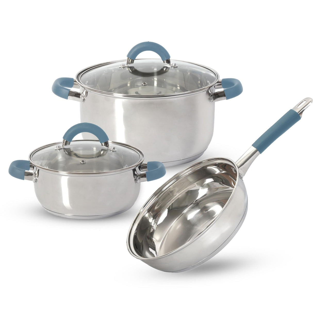 Batería de Cocina Cinco Piezas Plateado y Azul 24x6.2cm De 3.5 Litros Apta para Inducción con Mango de Silicona - OLLAS Y SARTENES | Bylmo