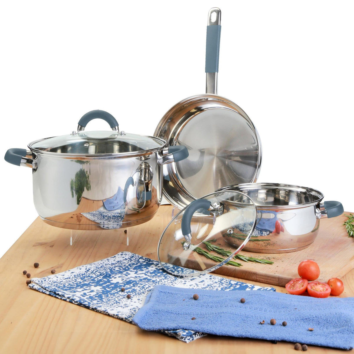 Batería de Cocina Cinco Piezas Plateado y Azul 24x6.2cm De 3.5 Litros Apta para Inducción con Mango de Silicona - OLLAS Y SARTENES | Bylmo