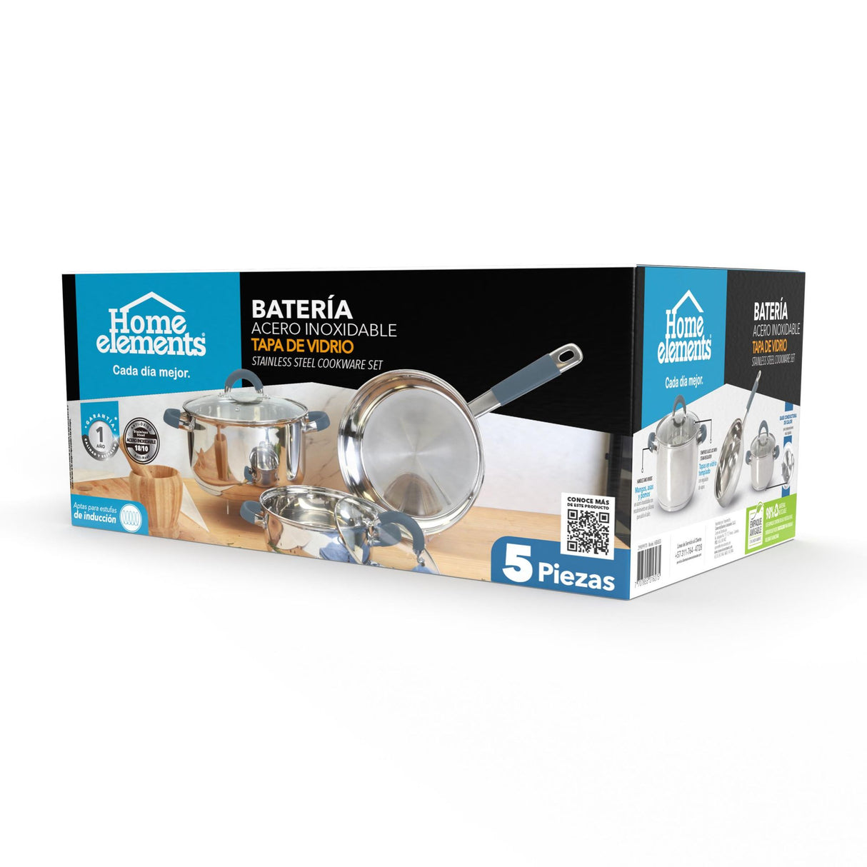 Batería de Cocina Cinco Piezas Plateado y Azul 24x6.2cm De 3.5 Litros Apta para Inducción con Mango de Silicona - OLLAS Y SARTENES | Bylmo