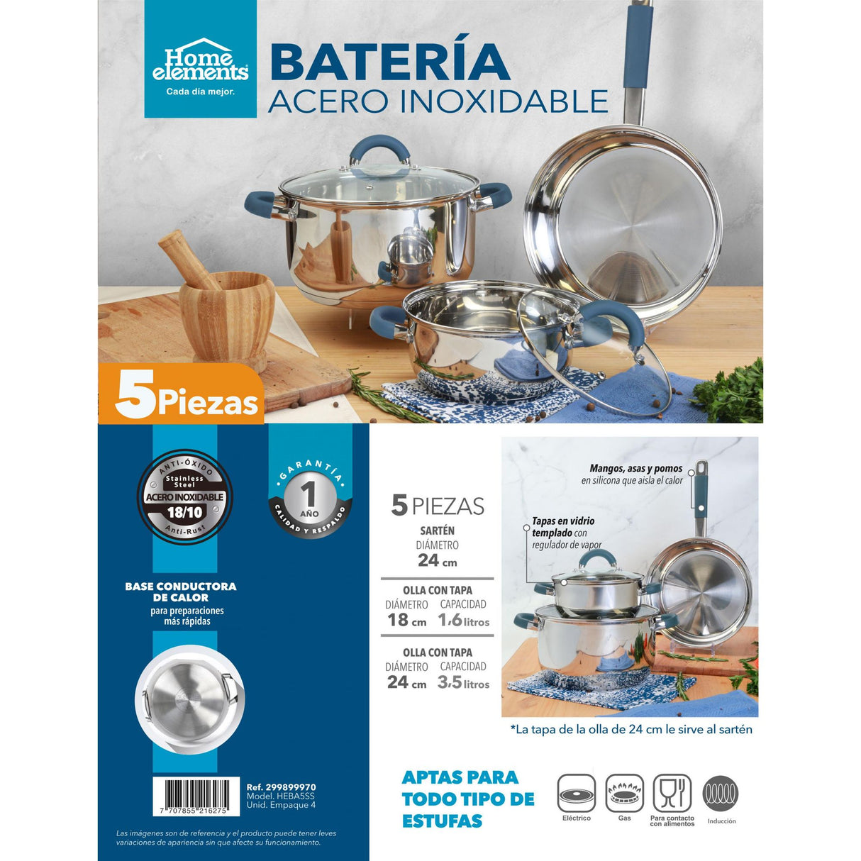 Batería de Cocina Cinco Piezas Plateado y Azul 24x6.2cm De 3.5 Litros Apta para Inducción con Mango de Silicona - OLLAS Y SARTENES | Bylmo