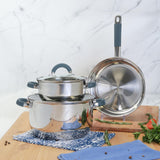 Batería de Cocina Cinco Piezas Plateado y Azul 24x6.2cm De 3.5 Litros Apta para Inducción con Mango de Silicona - OLLAS Y SARTENES | Bylmo