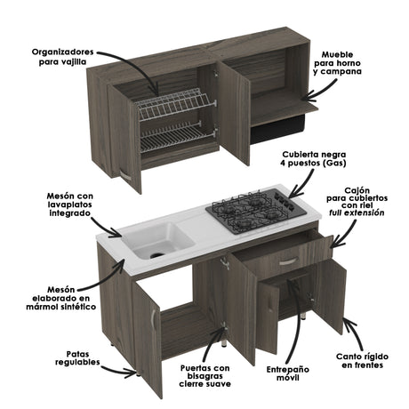 Cocina Ambar Mitte 150x213cm Con Mesón Y Estufa Y Con Pozuelo Para Ubicar A La Izquierda O Derecha - COCINAS | Bylmo
