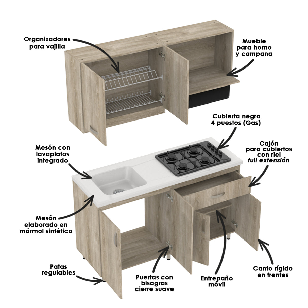 Cocina Ambar Austral 150x213cm Con Mesón Y Estufa Y Con Pozuelo Para Ubicar A La Izquierda O Derecha - COCINAS | Bylmo
