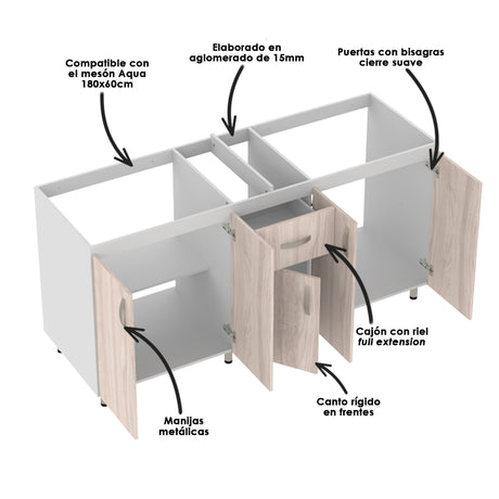 Mueble Inferior de Cocina Ambar Soder 178x86cm sin Mesón sin Estufa y con Organizador de Cubiertos - MUEBLES INFERIORES DE COCINA | Bylmo