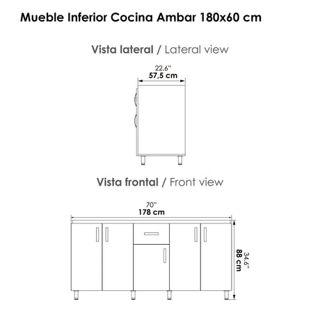 Mueble Inferior de Cocina Ambar Soder 178x86cm sin Mesón sin Estufa y con Organizador de Cubiertos - MUEBLES INFERIORES DE COCINA | Bylmo