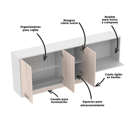 Mueble Superior de Cocina Ambar Soder 180x65cm con Locero Espacio para Extractor Derecha y con Espacio para Microondas - MUEBLES SUPERIORES DE COCINA | Bylmo
